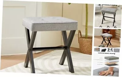 Vanity Stool With Metal X Leg Square Ottoman Stool For Vanity Makeup Grey • $57.74