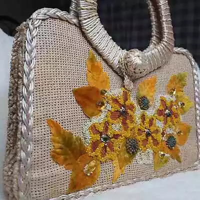 VTG Japan 50s Raffia Straw Bead Foliage Embellished Handcrafted Bag Purse MCM • $68