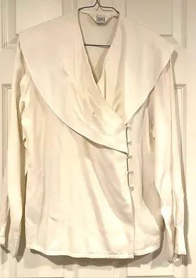ISHYU Vintage Cream Pearl Button Shawl Collar Long Sleeve Blouse Large Size 6 • $12