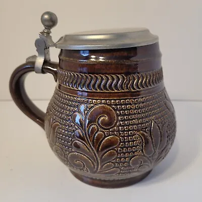 Vintage German Marzi & Remy Brown Beer Stein Floral Leaf Ceramic Pewter Lidded • $35