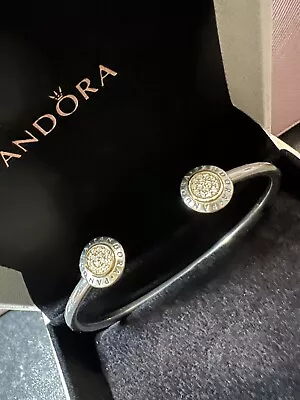 Genuine Pandora Pave Signature Cuff Bracelet Bangle ALE 925 & 14k GOLD Size 2 • £65
