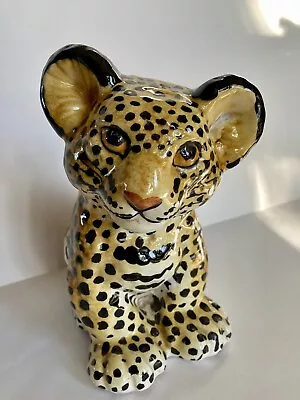 Vtg Italian MCM Terra Cotta Pottery Leopard Cub Statue 8.5” Painted Figurine • $74