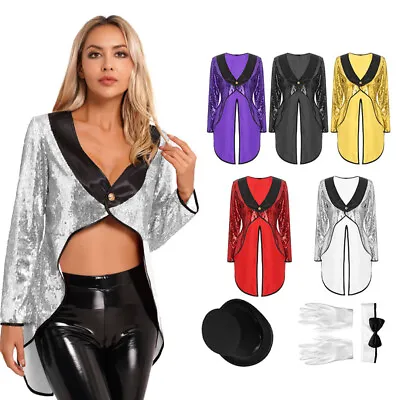 US Woman's Circus Magician Costume Sequins Tailcoat Jacket Outfits Tuxedo Coat • $29.98