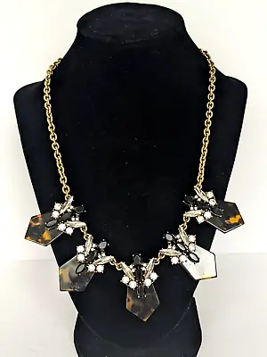 Vintage J Crew Gold Tone Statement Necklace Faux Tiger-eye Clear Rhinestone 21  • $23