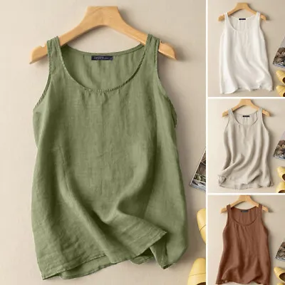 Women Sleeveless O Neck Tank Vest Shirt Tee Ladies Tops Cotton Linen Cami Blouse • $16.96