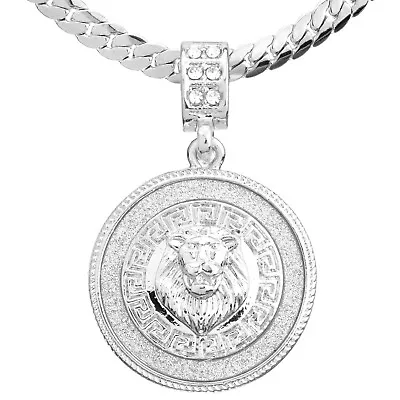 Men's Iced Silver Tone Lion Medallion Pendant 20  24  Chain Necklace MCP 2048 S • $12.99