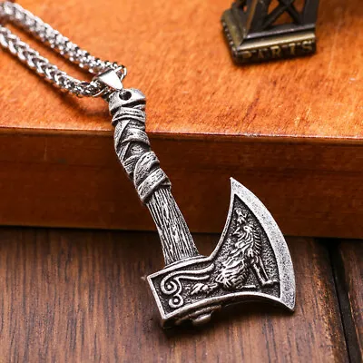 Mens Celtic Viking Silver Wolf Raven Axe Pendant Necklace Punk Jewelry Chain 24  • $11.99