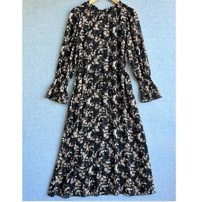 SEED Dress Womens Sz 8 Black Brown Floral Ruffle Flared Sleeve Lightweight Maxi • $59.99
