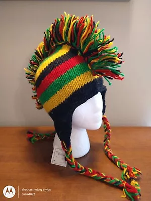 Mohawk Punk Hat Wool Festival Lined Fleece Knit Rainbow Stripe Made In Nepal  • $20