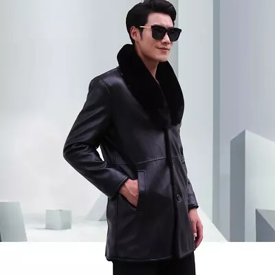 Men PU Leather Faux Fur Collar Coat Business Jacket Winter Fleeced Warm Overcoat • $66.59