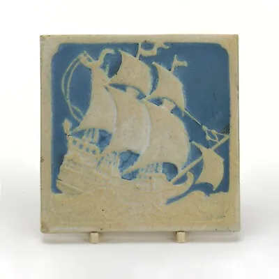 Marblehead Pottery 5  X 5  Blue & White Galleon Ship Tile Arts & Crafts • $295