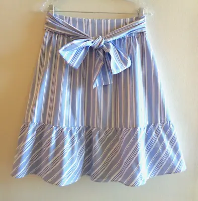 J Crew Sz 0 Blue White Striped Big Bow Waist Ruffle Midi Skirt L2331 • $14.99