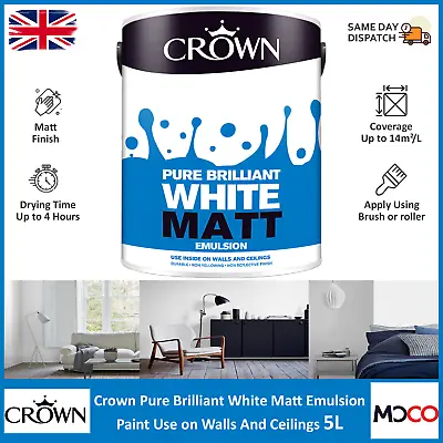 Crown Matt Emulsion Paint For Interior Walls Ceilings Pure Brilliant White 5L • £15.60