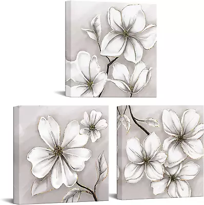 Sechars 3 Piece Flower Wall Art White And Gold Floral Canvas Print With Wood Fra • $48.99