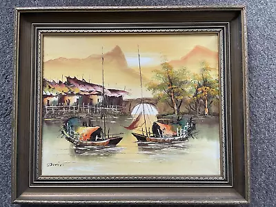 Boats Harbour Village Asian Theme Original Oil Painting On Canvas Framed Signed • £39.99