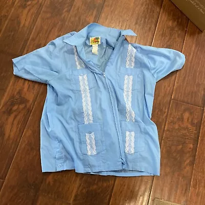 Vintage Men's Sky Blue Haband GUAYABERA Shirt Zip Up 4 Pocket White Stitch Nice • $14.94