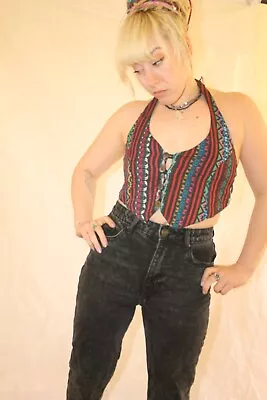 Halterneck Waistcoat Top Hippie Boho Festival Punk Rockabilly Stripy • £15.99