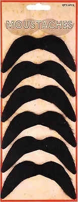 Pack Of 6 Black Fake Moustaches Stick On False Funny Novelty Joke Party Bag Fill • £2.99