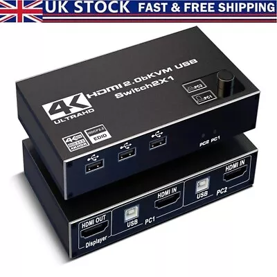 UK KVM Switch HDMI 2 Port 4K 60Hz HDMI 2.0 USB KVM Switcher Mouse&keyboard Share • £16.63