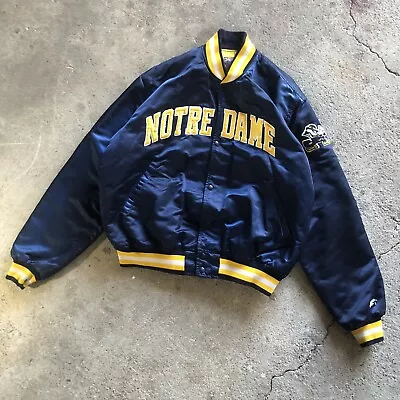 VINTAGE Notre Dame Fighting Irish Jacket Mens XLarge Blue Satin Bomber Spell Out • $120