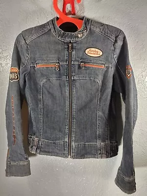 Harley Davidson Jean Jacket M Vintage Biker Womens Logo Zip Pockets Front Wrists • $111.38