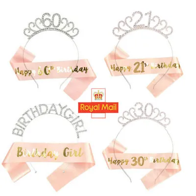 Birthday Tiara Rhinestones Headband Rose Gold Sash 21/30/60th Girls Crown Party • £4.79