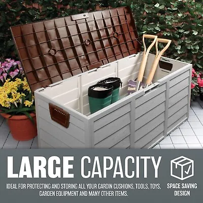 Brown Outdoor Garden Plastic Storage Seat Utility Chest Cushion Shed Box Tools • £44.95