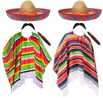 Mexican Poncho Sombrero Cigar Mens Mexico Fancy Dress Costume Stag Party Outfit • £15.99