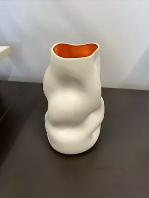 Unique Mid Century Modern Style Slouch Vase Ceramic Matt White/orange 10” Tall • $39.99