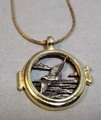 Vintage Two Tone Gold Silver Seagull Bird Ocean Coastline Cloud Scene Necklace • $17.95