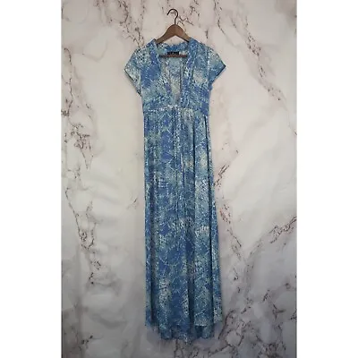 Lulus Dress Women Small Blue Maxi Mermaid Tale Short Sleeve Flounce Slit Empire  • $29.05