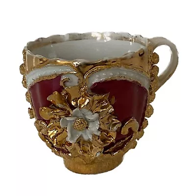 Victorian Mustache Mug Gold Majolica Gentlemen’s Cup Hand Painted Marked 71 • $14