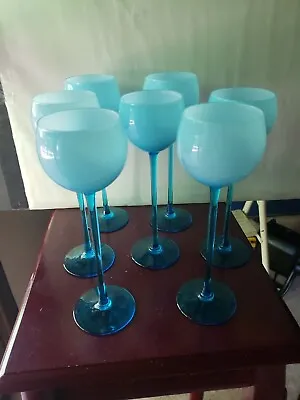 Set (7) Wine Goblets 9  Glasses Cased Blue Aqua White Clear Carlo Moretti Murano • $259.95