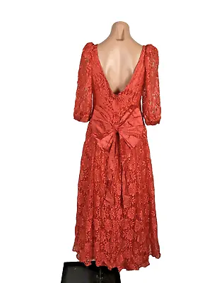 VTG 80s Prom Red LACE PUFFY BUBBLE SLEEVE Party Formal Bows Evening Dress Gown S • $84.99