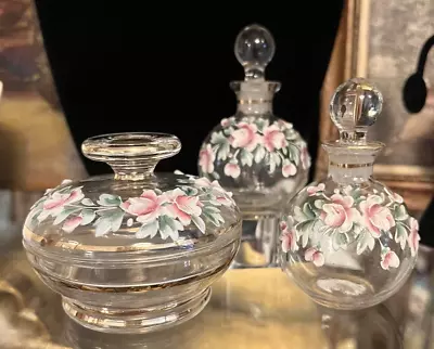 VTG Czechoslovakia Vanity Set 2 Perfume Bottle Powder Jar Hand Paint Roses Gold • $110