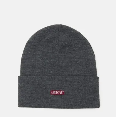 Levis Red Box Logo Baby Tab Turn Up Beanie Hat Grey New Adults OFFICIAL • £21.59