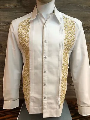 Men Mexican Guayabera Wedding Dress Shirt White Linen Gold Double Embroidery • $60