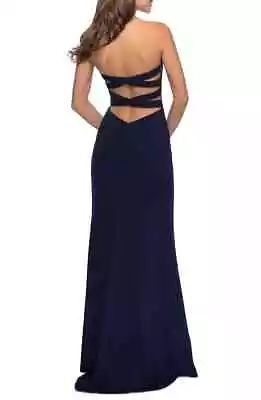 La Femme Navy Blue Cross Back Strapless Jersey Evening Dress Size 2 Orig $328 • $99.98