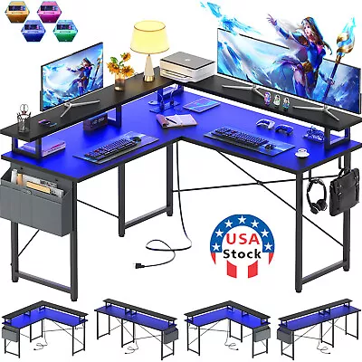L Shaped Gaming Desk With Led Lights And Monitor Shelf 75  Home Office Desk • $109.19