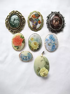 Vintage Hand Painted Porcelain Floral Owl & Bear Oval Pin Brooch Lot Of 8 • $34.95