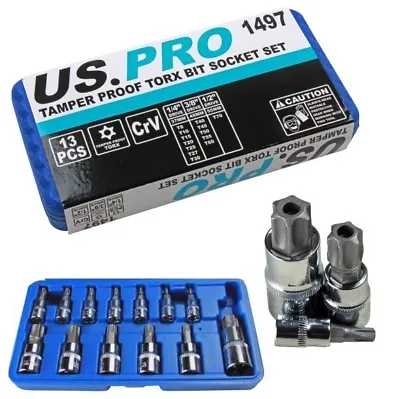 US PRO 13pc TORX / STAR BIT SOCKET SET T8 To T70 TAMPER PROOF/ SECURITY HOLE • £10.95