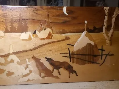 Vintage Rare Large Marquetry Wood Inlay Howling Wolves Winter Scene • $99