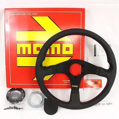 MOMO Steering Wheel TUNER 35Pie 350MM Horn Button Black Leather With Red Stitch • $214.99