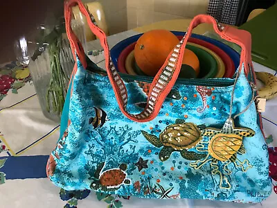 PAUL BRENT Sea Turtle Shoulder Purse EUC Beaded Canvas Beauty • $5