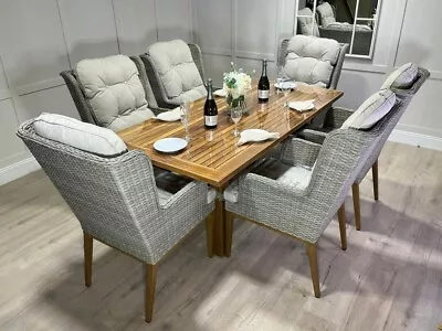 Large 6/8 Seater Teak Outdoor Garden Dining Table With 6 Grey Rattan Chairs NEW • £795