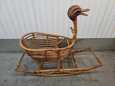 Vtg Mid Century Modern Wicker Rattan Figural Duck Rocker Bassinet Basket Crib • $150