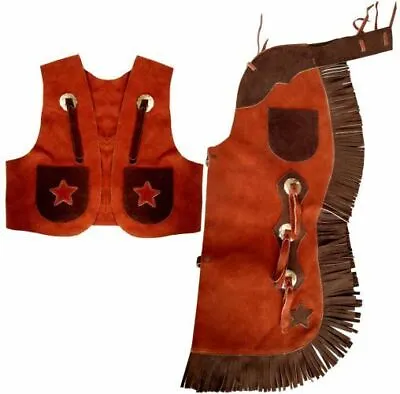 Showman Two Tone Brown Kid's Suede Leather Chaps & Vest Outfit W/Fringe • $43.95