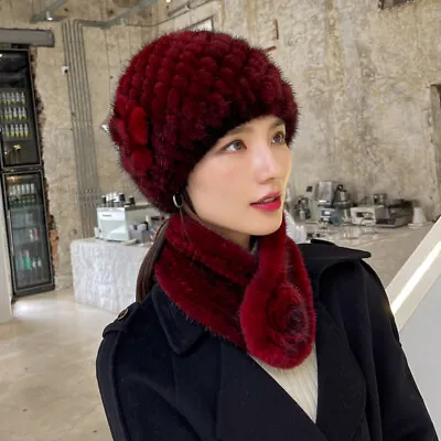 Women's Real Mink Fur Hat + Real Mink Fur Scarf Knitted Beanies Elastic Ski Cap • $25.99