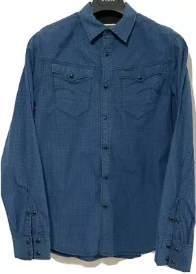 G Star Raw Arc 3D Mens Long Sleeve Checked Shirt Size L Blue/Black Snap Closure • £19.99