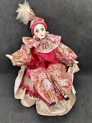 Vintage Harlequin Jester Doll Music Box￼ Porcelain Face Sitting TESTED 8in • $12